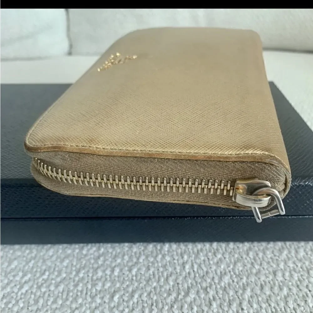 PRADA: RARE Gold SAFFIANO Leather & Gold Logo Long Zip-Around Wallet